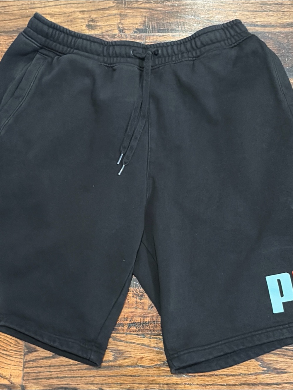 Puma Black Athletic Drawstring Shorts with Teal Logo